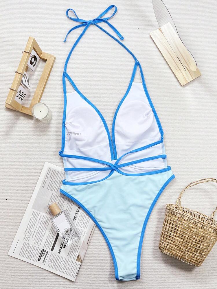 Color Block One Piece Swimsuit With Halter Neck Design, Suitable For Beach And Seaside In Summer
