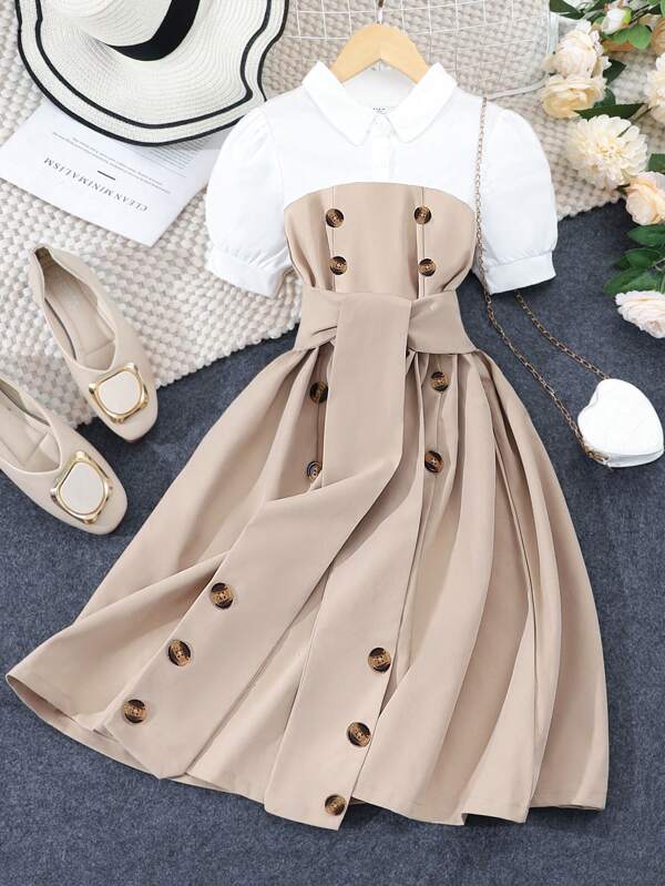 Teen Girl Color Block Short Sleeve Shirt Collar Dress