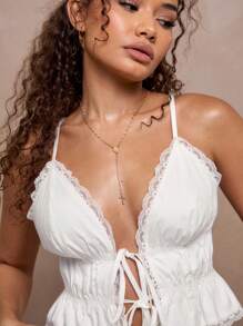 MUSERA Áo bra ngắn buộc dây phía trước viền ren, thích hợp cho kỳ nghỉ xuân hè, lễ hội, ngày lễ. - Màu be - Xem 5