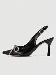 Women's Pointed Toe Stiletto Heels With Rhinestone Bow Decoration - Black - View 7