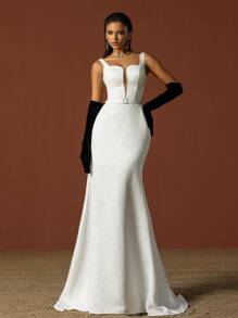 Minimalist Square Neckline Spaghetti Strap French Style Wedding Dress Gown - White - View 1