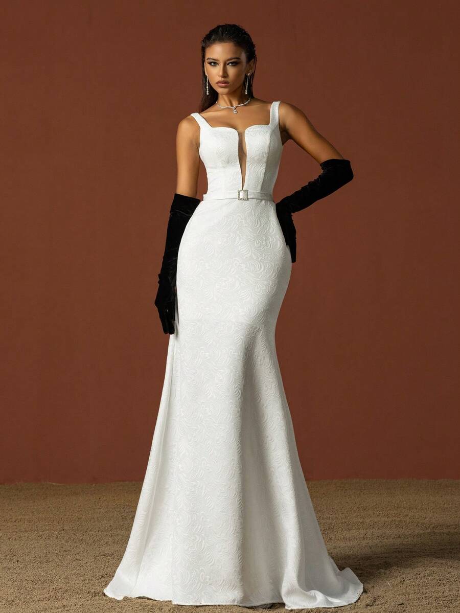 Minimalist Square Neckline Spaghetti Strap French Style Wedding Dress Gown - White - View 1