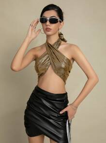 SHEIN Unity Thánh giá Ca-vát Backless Kim loại Áo Halter Crop - Nhiều màu - Xem 4