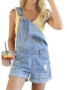 2024夏季新款時尚休閒萬用淺藍色牛仔褲背帶短褲,適用於旅遊