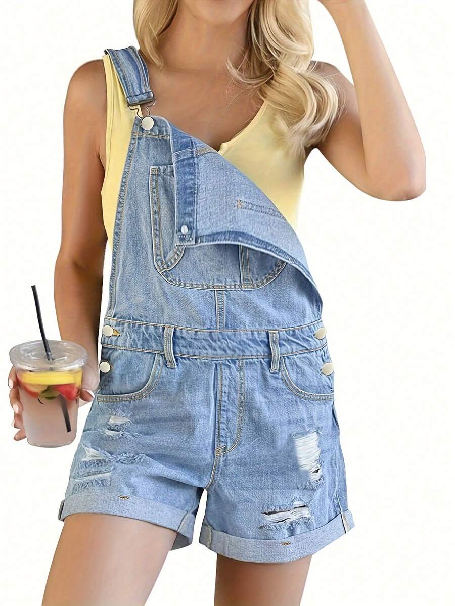 2024夏季新款時尚休閒萬用淺藍色牛仔褲背帶短褲,適用於旅遊