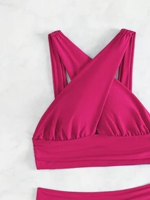 SHEIN Swim Summer Beach Mono Bikini Set Criss Cross Ruched High Neck Top & High Waisted Bikini Bottom 2-Piece Swimwear - Hot Pink - View 5