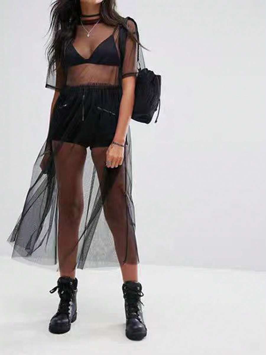 Vestido de verano holgado, transparente, de manga corta y cuello redondo de malla para mujer - Negro - Ver 1