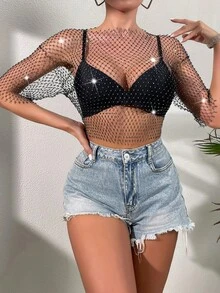 Women's Rhinestone Embellished Fishnet Cover-Up Top, Summer - Black - View 4