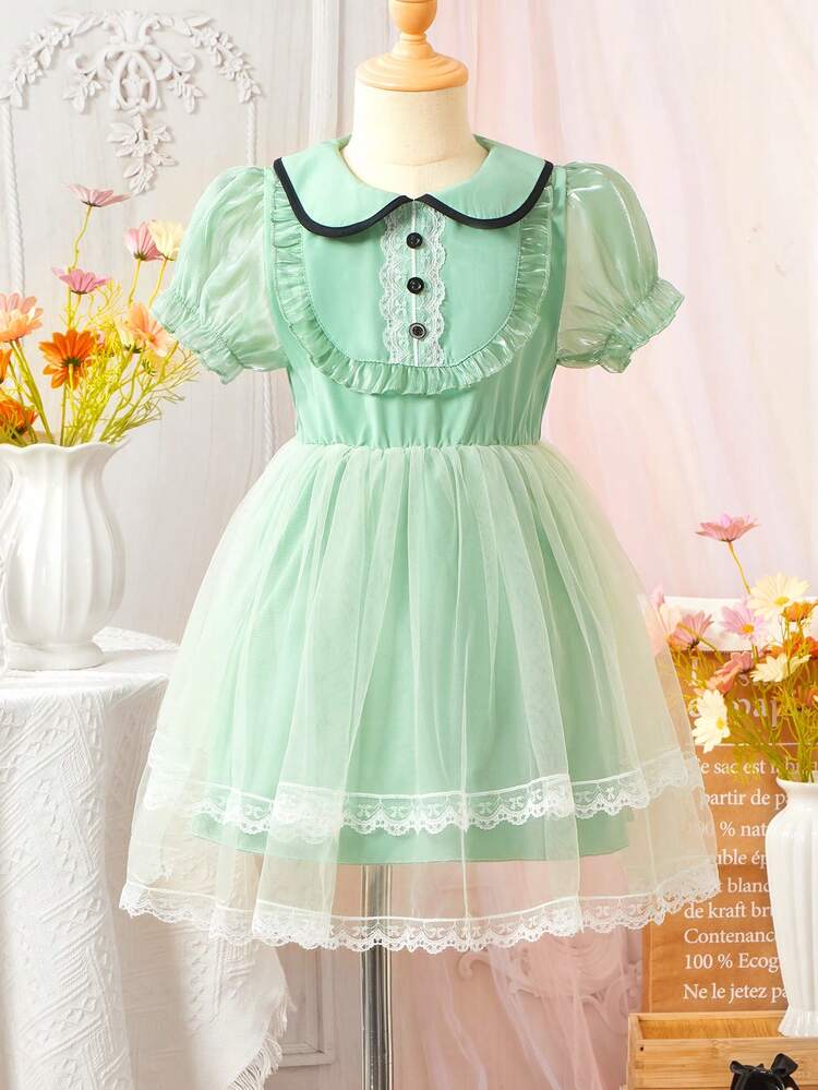 Young Girl Summer Peter Pan Collar Short Puff Sleeve Dress With Mesh Hem
