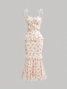 SHEIN MOD Dreamy Floral Printed High Low Hem Multi-Layer Ruffle Mermaid Wedding Women Dress - Multicolor - View 1