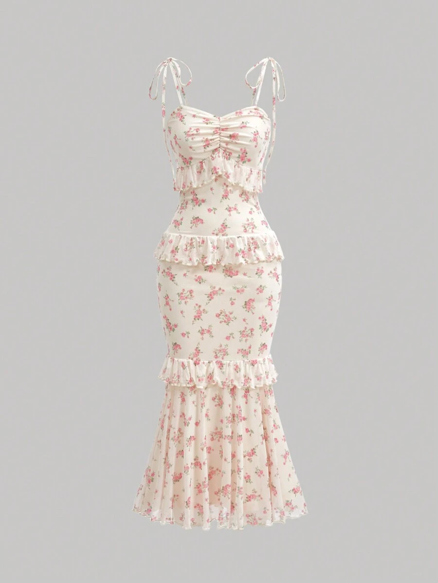 SHEIN MOD Dreamy Floral Printed High Low Hem Multi-Layer Ruffle Mermaid Wedding Women Dress - Multicolor - View 1