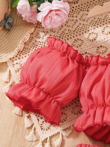 Conjunto De Blusa Con Tirantes Y Pantalones Cortos De Hombros Descubiertos De Color Sólido Para Niñas Jóvenes - Multicolor - Ver 4