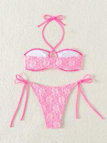 Swim Mod Sommer Strand Damen Badeanzug mit Spitzen-EinSetn, kreuzrücken und Neckholder-Design, zweiteiliger Badeanzug - Pink - Übersicht 2