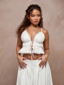 MUSERA Áo bra ngắn buộc dây phía trước viền ren, thích hợp cho kỳ nghỉ xuân hè, lễ hội, ngày lễ. - Màu be - Xem 4