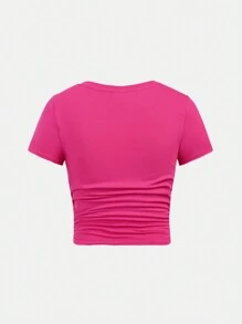 SHEIN Girlism Camiseta De Malha De Manga Curta Enrugada E Lisa De Cor Sólida Para Adolescentes Com Decote Redondo E Um Acessório De Cabelo - Pink - Visão 2