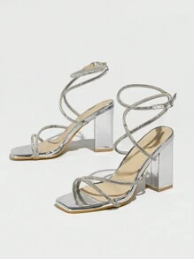 Của phụ nữ Pha lê Mùa hè Sau Buổi tiệc Dây đeo Sáng bóng Thoáng khí Dày gót chân Giày cao gót Dép xăng đan - Bạc - Xem 5