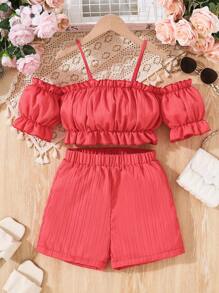 Conjunto De Blusa Con Tirantes Y Pantalones Cortos De Hombros Descubiertos De Color Sólido Para Niñas Jóvenes - Multicolor - Ver 3