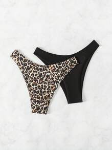 Swim Vcay 2pcs Women Plain & Leopard Print Bikini Bottoms Leopard Bikini Summer - Multicolor - View 5