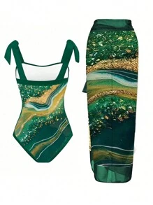 Swim Oasis 大碼圖案印花肩上打結連體泳衣附沙灘裙 - 綠色 - 查看 2