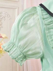 SHEIN Vestido curto de verão para meninas com gola Peter Pan e manga bufante com bainha de malha