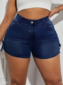 SHEIN EZwear Women's Plus Size Tight Fit Drawstring Personalized Denim Shorts - Dark Wash - View 6