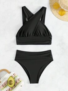 SHEIN Swim Summer Beach Criss Cross Ruched High Waisted Bikini - Black - View 7