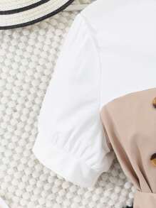 少女顏色拼接短袖襯衫領連衣裙 - 卡其色 - 查看 6