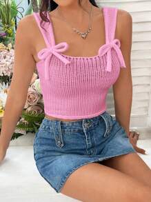 SHEIN EZwear Áo dệt kim trang trí nơ nữ - Hồng - Xem 3