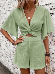 SHEIN Clasi Bộ áo crop top tay cánh bướm xoắn phía trước và quần short hai mảnh - màu xanh lá - Xem 1