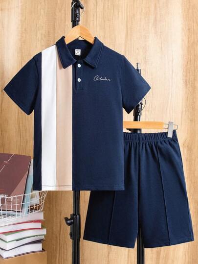 SHEIN 2pcs Tween Boys' Sporty Short Sleeve Polo Shirt And Shorts Set, With Letter Print And Contrast Colors, School, Campus, College
