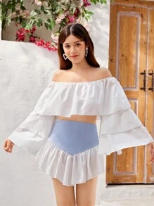 Teen Girls' Casual Elegant Cute Ruffled Layered Sleeve Top With 2 In 1 Skort Outfit - Multicolor - View 1