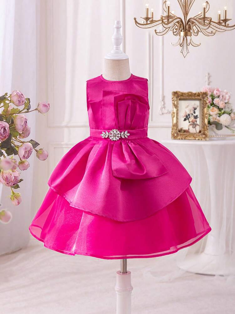 Young Girl Fitted Cute Round Neck Sleeveless Exaggerated Bow Style Midi Dress