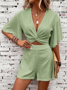 SHEIN Clasi Bộ áo crop top tay cánh bướm xoắn phía trước và quần short hai mảnh - màu xanh lá - Xem 6