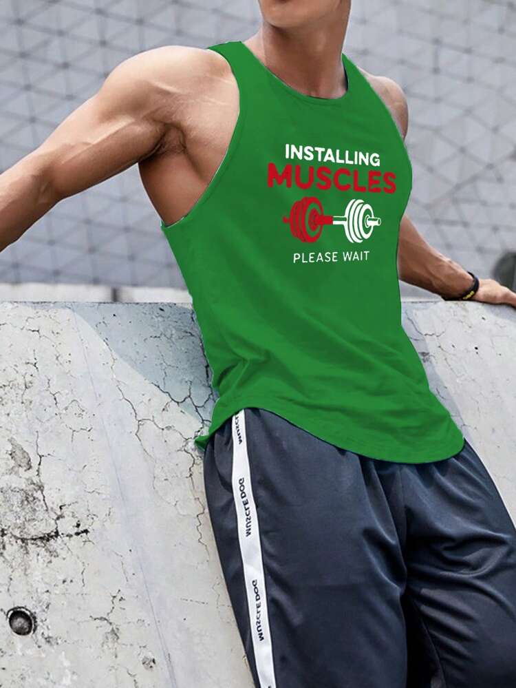 Boyfriend Style Men's Dumbbell & Letter Printed Workout Tank Top Workout Tops