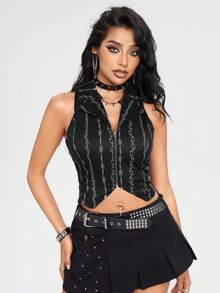 ROMWE Grunge Punk جاكيت جاكيت نسائية بسحاب مطبوعة بسلسلة بأسلوب بانك جوث ستريت وير، سوداء، للصيف، مناسبة للهالوين والسهرات والحفلات الموسيقية - الأسود - مشاهدة 1