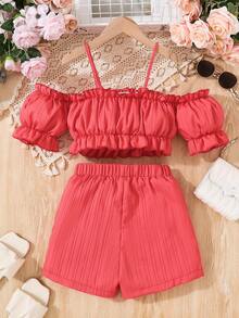 Conjunto De Blusa Con Tirantes Y Pantalones Cortos De Hombros Descubiertos De Color Sólido Para Niñas Jóvenes - Multicolor - Ver 2