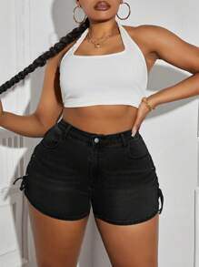 SHEIN EZwear 加大码紧身抽绳个性化牛仔短裤 - 黑色 - 查看 4
