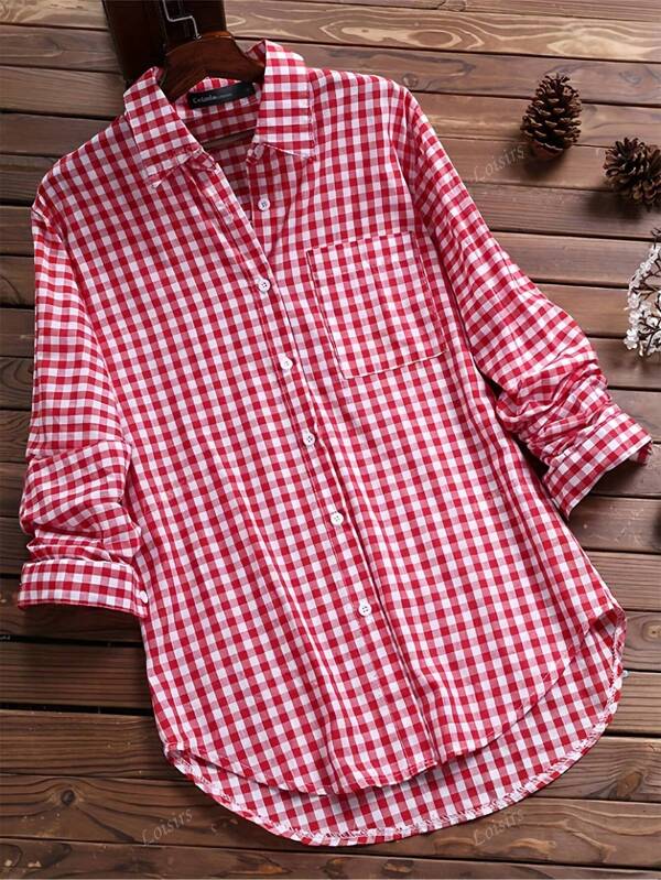 Vintage Plaid Print Patch Pocket Casual Shirt, Spring Summer