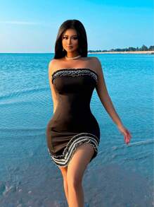 Zolique Vestido ajustado sin tirantes con bloque de color y volantes para mujer - Negro - Ver 3