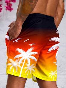 Manfinity 男士束口腰帶椰樹印花漸變色沙灘短褲 - 橘色 - 查看 2