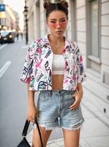 SHEIN EZwear Women's Short Sleeve Collar Drop Shoulder Crop Top Graffiti Print Button Down Shirts Blouse - Multicolor - View 7