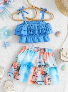 女婴度假风格荷叶边背心和棕榈树图案裙子套装，适合日常穿着，春夏季 - 藍色 - 查看 2