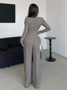 DAZY Women's Slim Fit Round Neck Long Sleeve T-Shirt And Loose Straight Pants Summer,Women Two Pieces Sets,Back To School Clothes Lounge Sets For Women