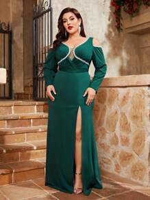 Plus Size Cold Shoulder V-Neck Sparkly Strap Decorated Long Sleeve Waist Pleated Bodycon Mermaid Dress Elegant Bridesmaid Dress - Dark Green - View 1