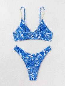 SHEIN Swim 女士佩斯利印花比基尼套装夏季海滩 - 藍色 - 查看 8