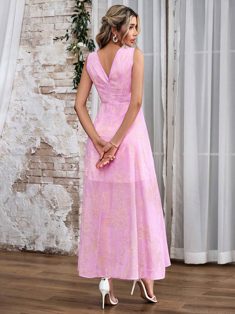 Women's Pink Pleated Button Front Square Neckline Dress