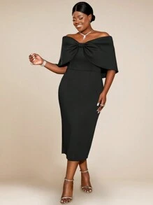 大码女式露肩蝴蝶结装饰连衣裙优雅鸡尾酒会半正式舞会婚礼宾客礼服，适合生日、毕业典礼、晚宴、返校节派对礼服