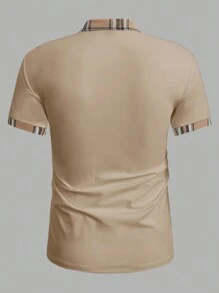 Manfinity VCAY Men's Knight Embroidery Short Sleeve Casual Commuter Polo Shirt  Casual Solid Color Short Sleeve Polo Shirt, Men's Johnny Collar Textured Polo, Waffle Knit Short Sleeve Shirt, Casual Solid Color Buttonless Polo, Men's Summer Knit Pullover, Men's Short Sleeve Polo Shirt Casual Solid Color Textured Waffle Knit Johnny Collar Pullover Summer Tee - Brown - View 2