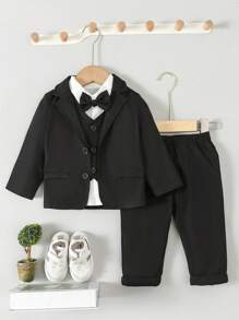 SHEIN Baby Boy 4pcs Gentleman Suit, Bow Tie Long Sleeve Shirt, Vest, Suit Jacket And Pants For Wedding Performance - Black - View 2