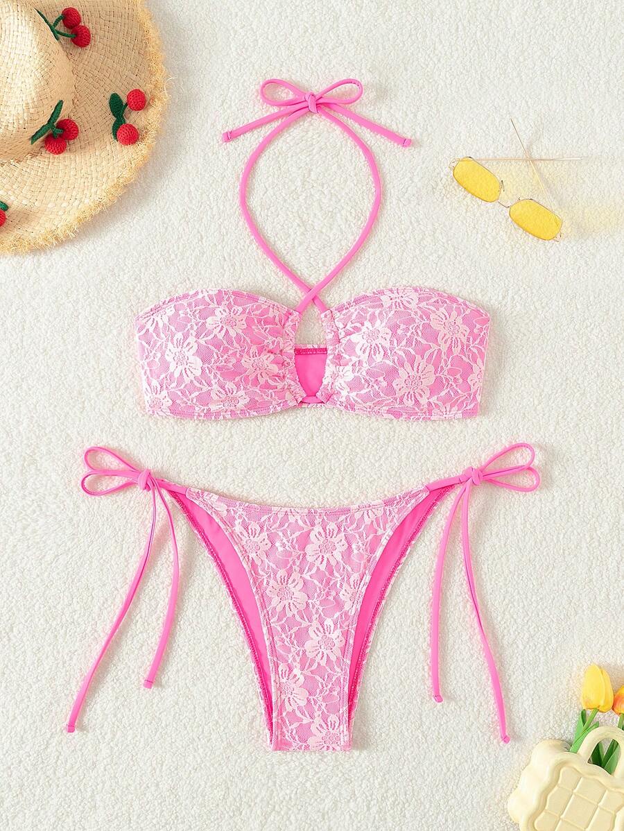 Swim Mod Summer Beach Women's Splicing Lace Cross Back Halterneck Separated Swimming Suit - Pink - View 1